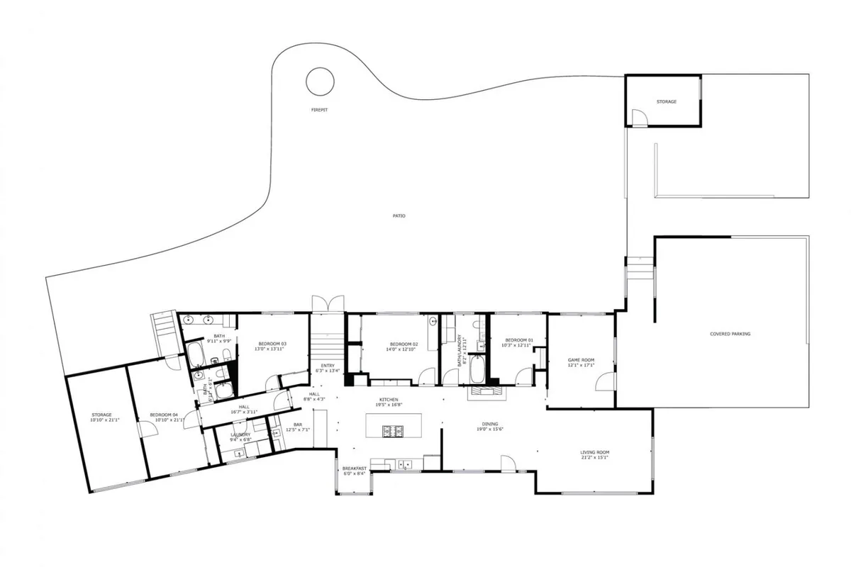 A wide-angle view of the interconnected kitchen, living, and dining spaces. The living room features a sofa and entertainment area perfect for movie nights, while the open flow encourages guests to mingle between cooking, dining, and lounging. Sunlight streams in from windows, enhancing the welcoming mood.