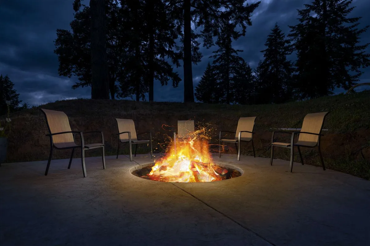This exterior image showcases a fire pit ringed by comfortable chairs, flames flickering and ready for marshmallow roasting or storytelling under the open sky. The inviting communal setup suggests opportunities for family bonding and nighttime fun.