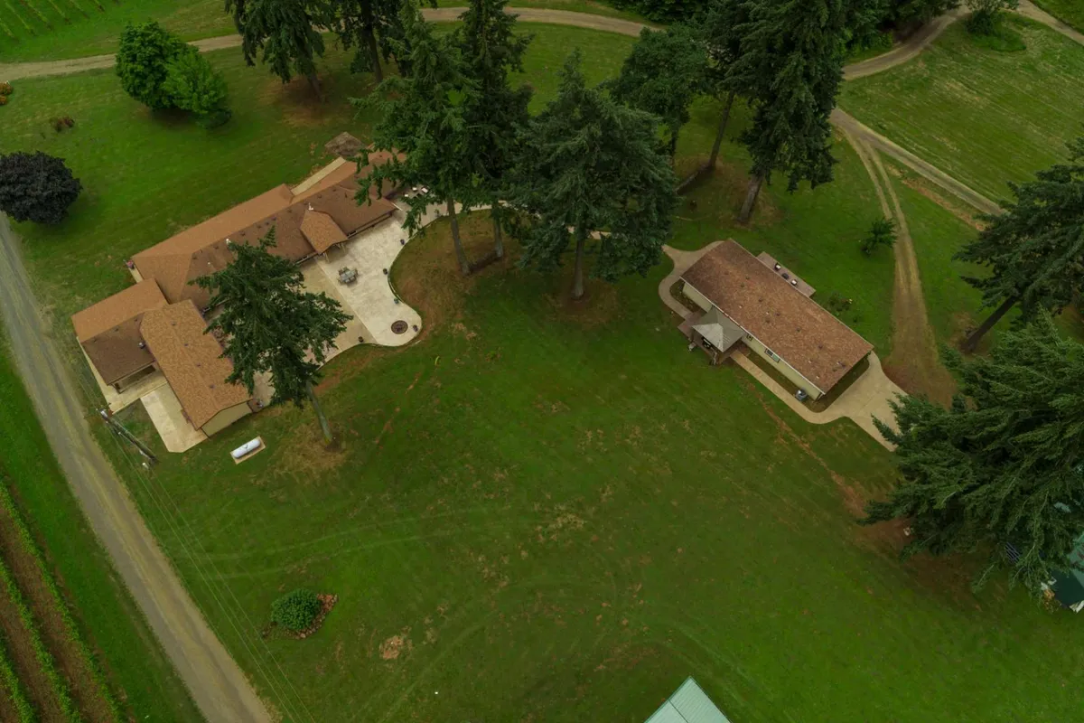 An exterior shot of the main house nestled among mature trees, with an inviting patio and a secondary building in the background. The outdoor patio area hints at opportunities for relaxation, social gatherings, and scenic enjoyment, while the surrounding nature immerses visitors in the rural charm of the region.